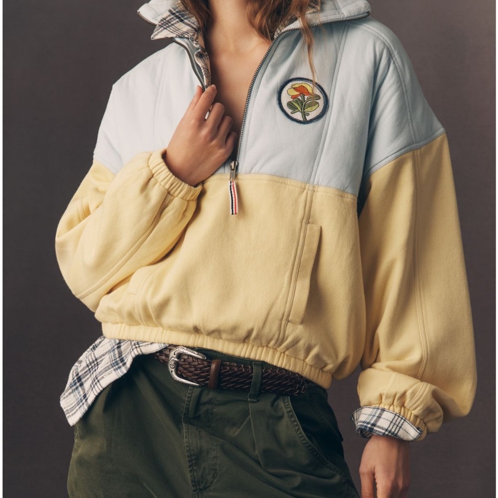 NWT Pilcro Shetland half-zip pullover featuring a vibrant floral patch